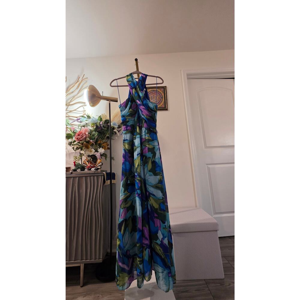 London Times Women’s Size 10 Floral Halter Maxi Dress Blue/Green Zip Closure NWT - Picture 4 of 5